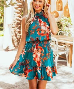 Sweet Lemon Teal Floral Print Halter Neck Ruffle Woven Dress
