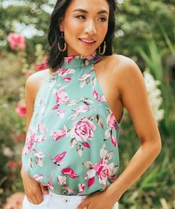 FSL APPAREL Teal Floral Print Sleeveless Woven Top With Halter Neckline Tops