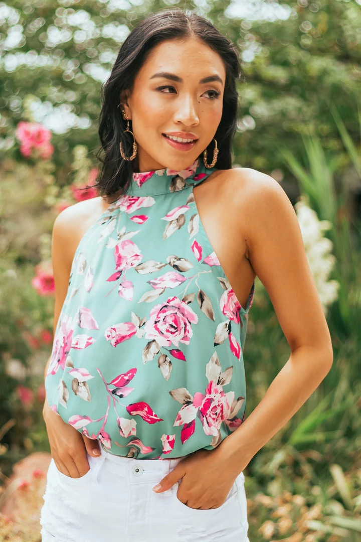 FSL APPAREL Teal Floral Print Sleeveless Woven Top With Halter Neckline Tops 3 FSL APPAREL Teal Floral Print Sleeveless Woven Top With Halter Neckline Tops