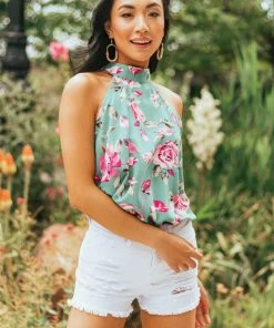 FSL APPAREL Teal Floral Print Sleeveless Woven Top With Halter Neckline Tops