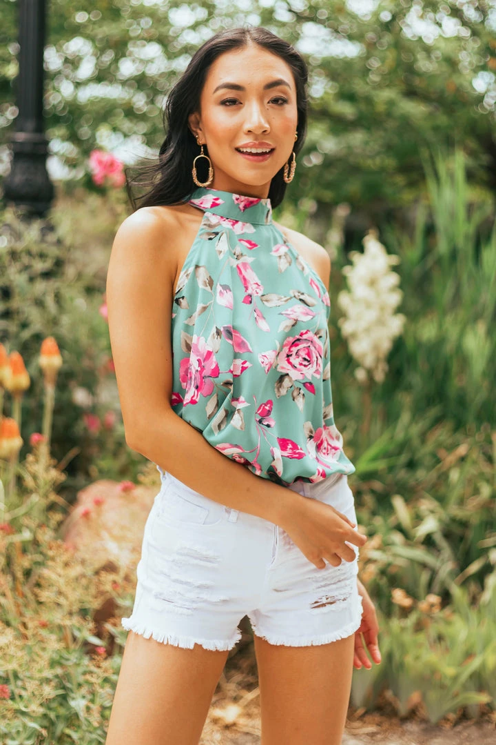 FSL APPAREL Teal Floral Print Sleeveless Woven Top With Halter Neckline Tops 4 FSL APPAREL Teal Floral Print Sleeveless Woven Top With Halter Neckline Tops