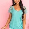 POL Clothing Tops Teal Scoop Neck Top With Sheer Lace Sleeves And Fringe