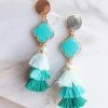 WALL TO WALL Teal Tiered Tassel Clover Charm Earrings Accessories