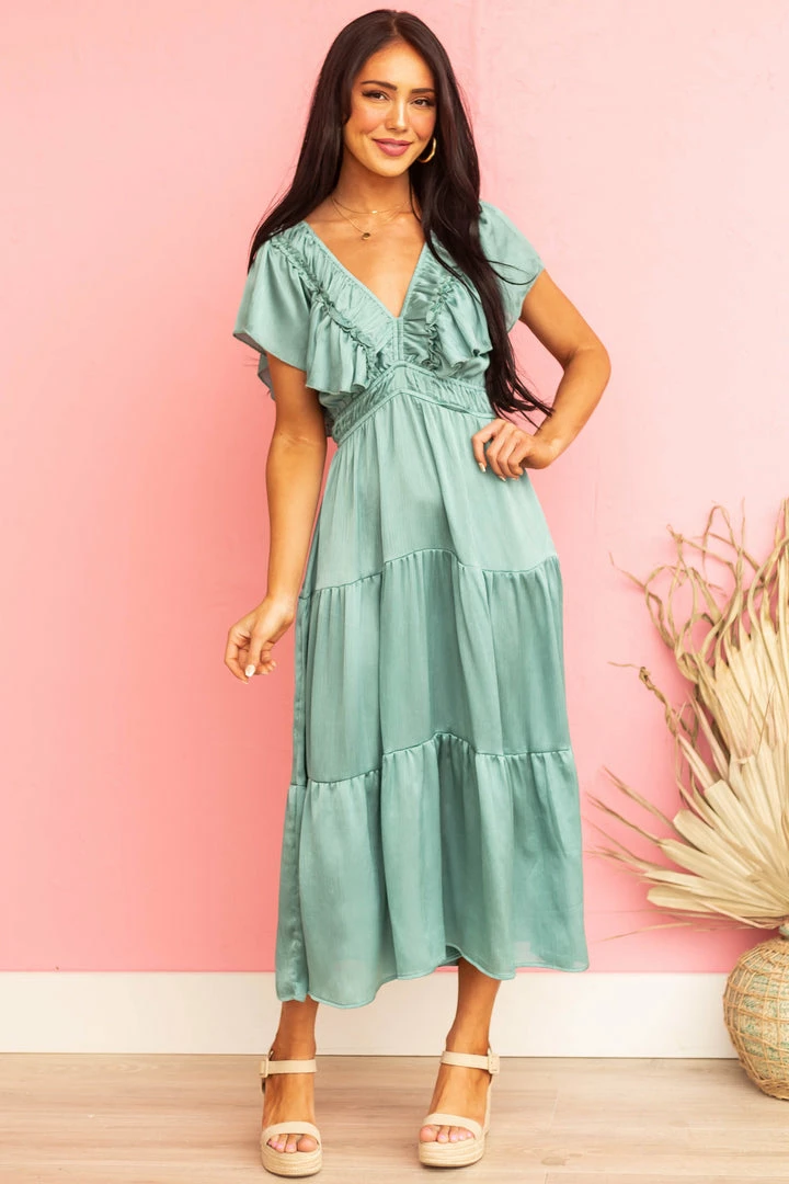Umgee Dresses Teal V Neck Ruffle Sleeve Tiered Midi Dress 3 Umgee Dresses Teal V Neck Ruffle Sleeve Tiered Midi Dress
