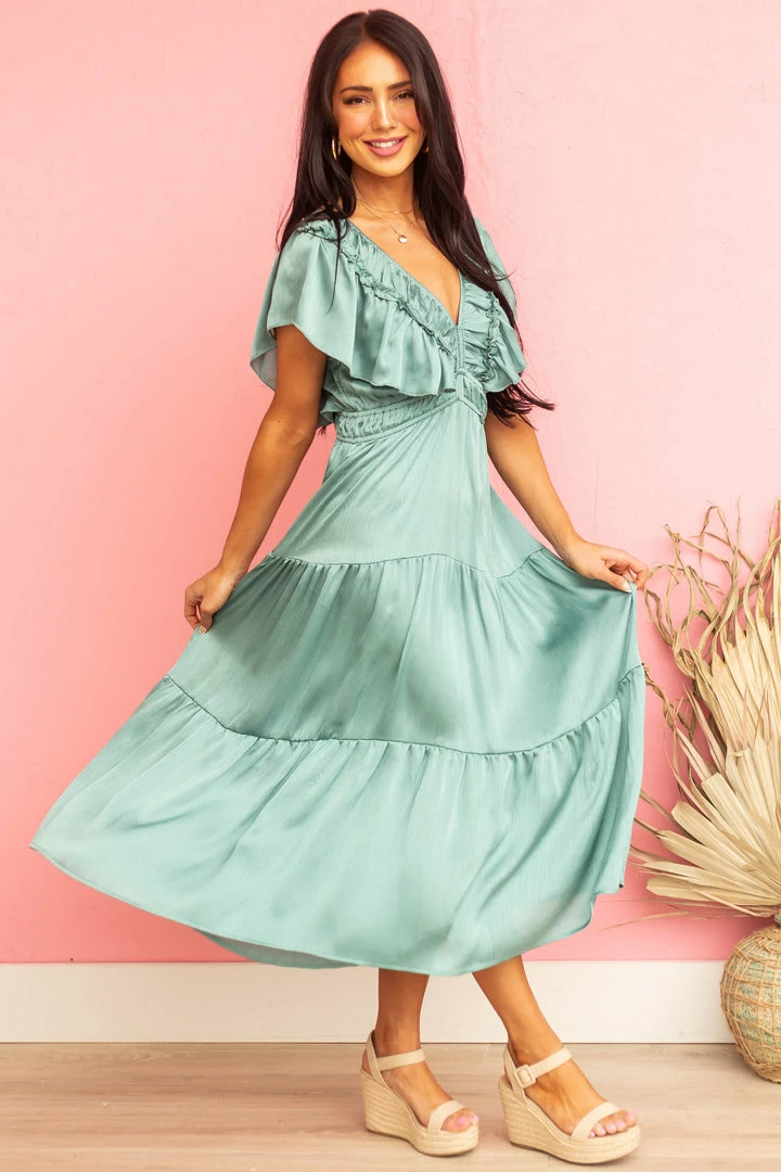 Umgee Dresses Teal V Neck Ruffle Sleeve Tiered Midi Dress 4 Umgee Dresses Teal V Neck Ruffle Sleeve Tiered Midi Dress