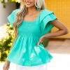 Umgee Teal Babydoll Smocked Ruffle Sleeve Top