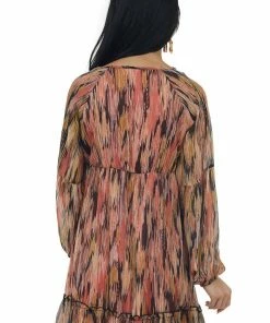 Peach Love Terracotta Abstract V Neck Babydoll Mini Dress Dresses