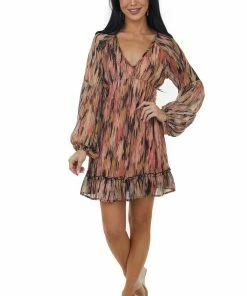 Peach Love Terracotta Abstract V Neck Babydoll Mini Dress Dresses