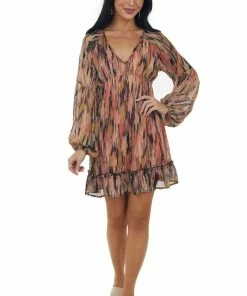 Peach Love Terracotta Abstract V Neck Babydoll Mini Dress Dresses