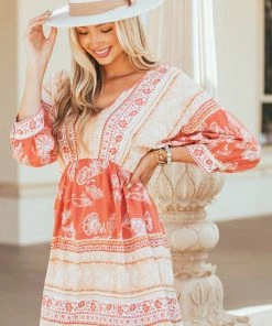Ces Femme Terracotta Boho Print Dolman Sleeve Short Dress