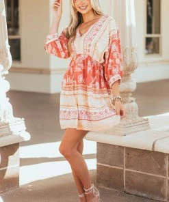 Ces Femme Terracotta Boho Print Dolman Sleeve Short Dress