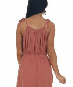 She + Sky Terracotta Elastic Waist Linen Cami Romper