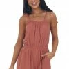 She + Sky Terracotta Elastic Waist Linen Cami Romper