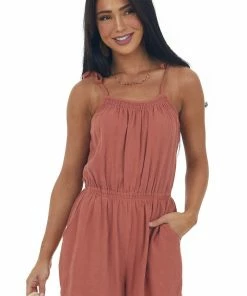 She + Sky Terracotta Elastic Waist Linen Cami Romper