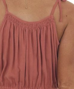 She + Sky Terracotta Elastic Waist Linen Cami Romper