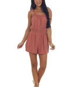 She + Sky Terracotta Elastic Waist Linen Cami Romper