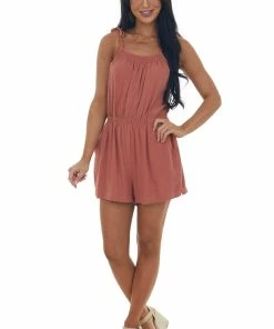 She + Sky Terracotta Elastic Waist Linen Cami Romper