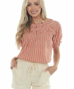 Lime 'N' Chili Terracotta Eyelet Lace Short Puff Sleeve Top