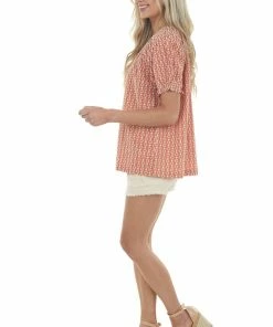 Lime 'N' Chili Terracotta Eyelet Lace Short Puff Sleeve Top 23 Lime 'N' Chili Terracotta Eyelet Lace Short Puff Sleeve Top