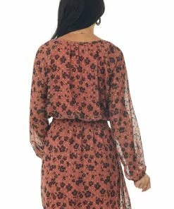Fantastic Fawn Terracotta Floral Print Long Sleeve Mini Dress Dresses