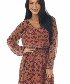 Fantastic Fawn Terracotta Floral Print Long Sleeve Mini Dress Dresses