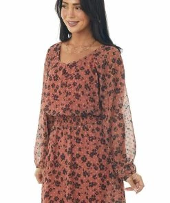 Fantastic Fawn Terracotta Floral Print Long Sleeve Mini Dress Dresses