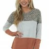 Lovely Melody Terracotta Multiprint Colorblock Stretchy Brushed Knit Top Tops