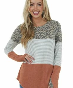 Lovely Melody Terracotta Multiprint Colorblock Stretchy Brushed Knit Top Tops