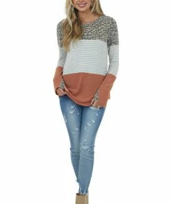 Lovely Melody Terracotta Multiprint Colorblock Stretchy Brushed Knit Top Tops
