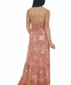 Ces Femme Terracotta Printed Strapless Tiered Maxi Dress Dresses 12 Ces Femme Terracotta Printed Strapless Tiered Maxi Dress Dresses