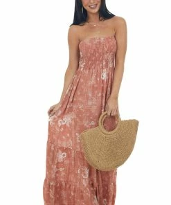 Ces Femme Terracotta Printed Strapless Tiered Maxi Dress Dresses