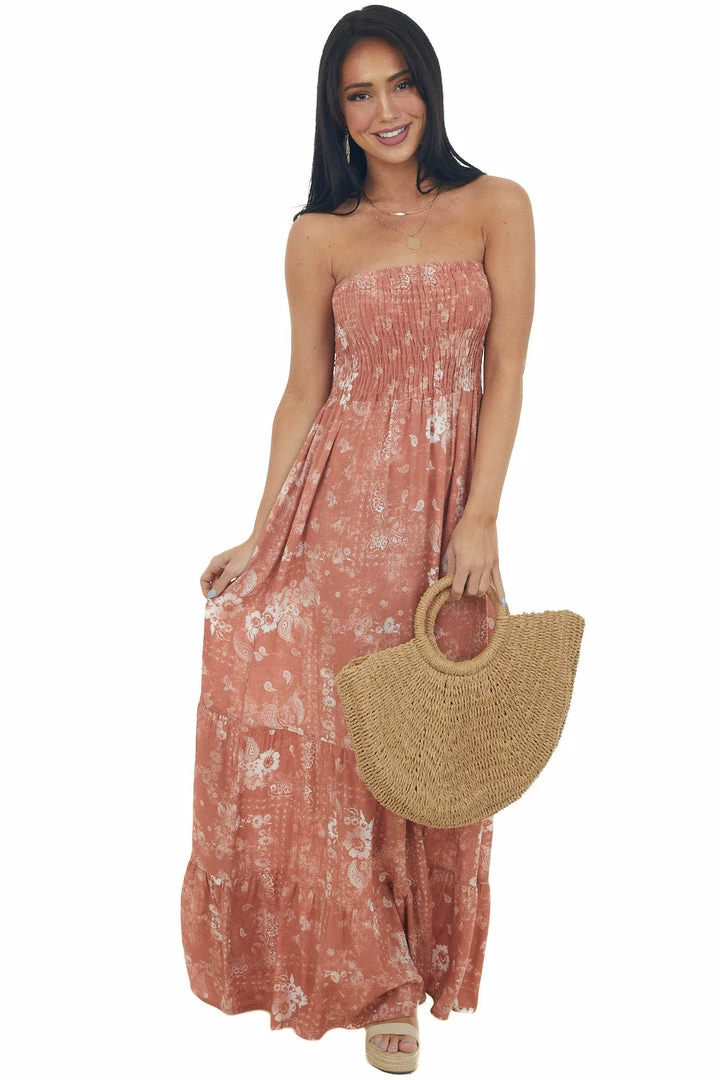 Ces Femme Terracotta Printed Strapless Tiered Maxi Dress Dresses 3 Ces Femme Terracotta Printed Strapless Tiered Maxi Dress Dresses