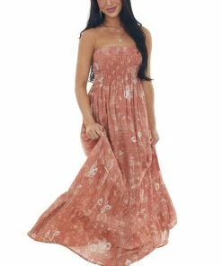 Ces Femme Terracotta Printed Strapless Tiered Maxi Dress Dresses 10 Ces Femme Terracotta Printed Strapless Tiered Maxi Dress Dresses