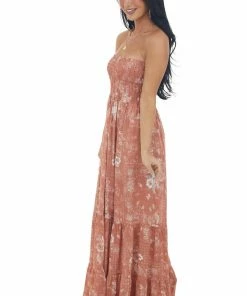 Ces Femme Terracotta Printed Strapless Tiered Maxi Dress Dresses 11 Ces Femme Terracotta Printed Strapless Tiered Maxi Dress Dresses