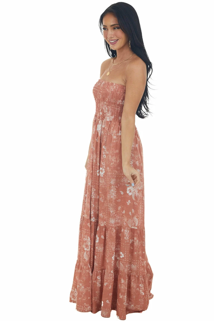Ces Femme Terracotta Printed Strapless Tiered Maxi Dress Dresses 6 Ces Femme Terracotta Printed Strapless Tiered Maxi Dress Dresses