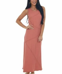 Very J Dresses Terracotta Raw Edge Detail Ribbed Midi Dress 9 Very J Dresses Terracotta Raw Edge Detail Ribbed Midi Dress