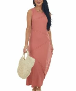 Very J Dresses Terracotta Raw Edge Detail Ribbed Midi Dress