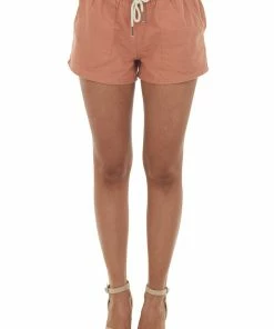 Trend Notes Terracotta Rope Drawstring Pocket Linen Shorts Bottoms