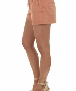 Trend Notes Terracotta Rope Drawstring Pocket Linen Shorts Bottoms