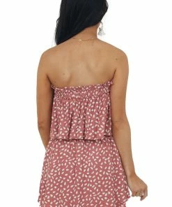 Allie Rose Dresses Terracotta Spotted Ruffle Overlay Strapless Romper