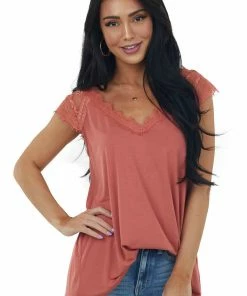 Hailey & Co Tops Terracotta V Neck Knit Top With Lace Details