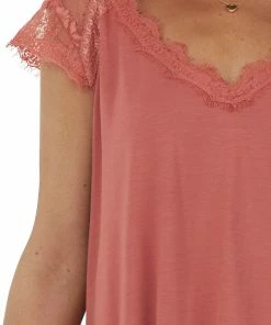 Hailey & Co Tops Terracotta V Neck Knit Top With Lace Details