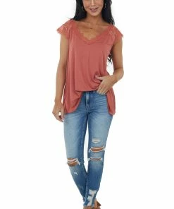 Hailey & Co Tops Terracotta V Neck Knit Top With Lace Details