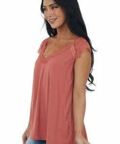 Hailey & Co Tops Terracotta V Neck Knit Top With Lace Details