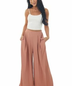 Ces Femme Bottoms Terracotta Woven Pleated Wide Leg Pants