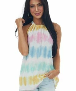 BiBi Tie Dye Gathered Halter Neck Woven Top