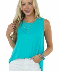 HESED Turquoise Crew Neck Sleeveless Knit Top Tops