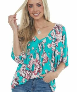 Lovely J Turquoise Floral Print Babydoll Top