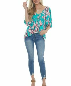 Lovely J Turquoise Floral Print Babydoll Top