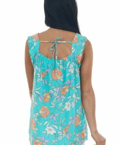 Staccato Tops Turquoise Floral Square Neck Sleeveless Blouse